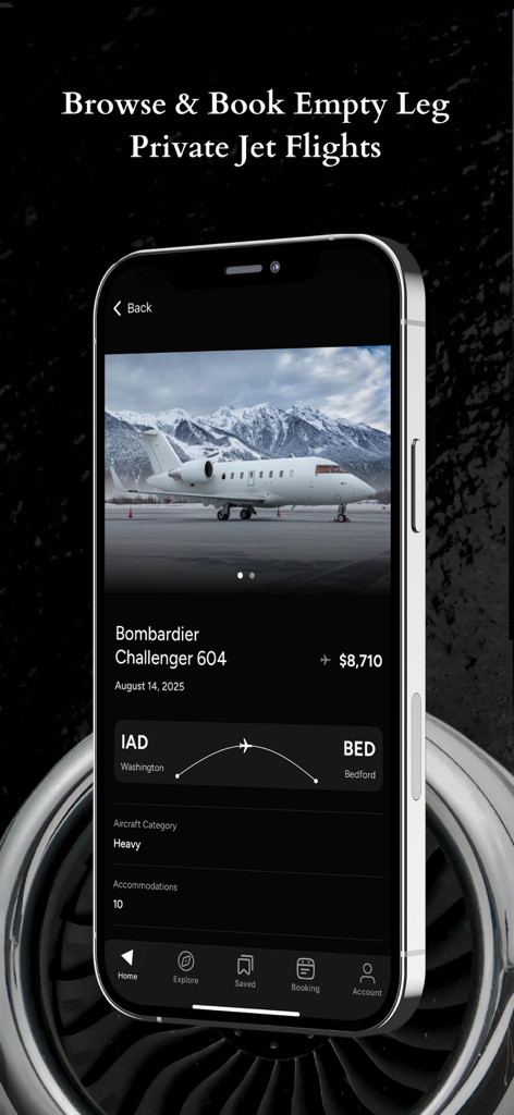 Amalfi Jets - Amalfi Jets app interface displaying a private jet empty leg flight from Washington to Bedford for a Bombardier Challenger 604.
