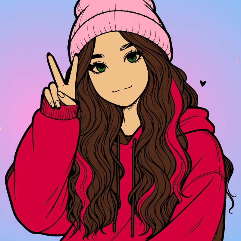 a teenage girl in a beanie, oversized sweatshirt, wavy long hair, and is showing a ✌️