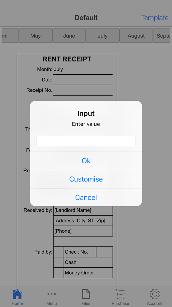 Mobile app interface showing a rent receipt template with an input popup for entering payment data