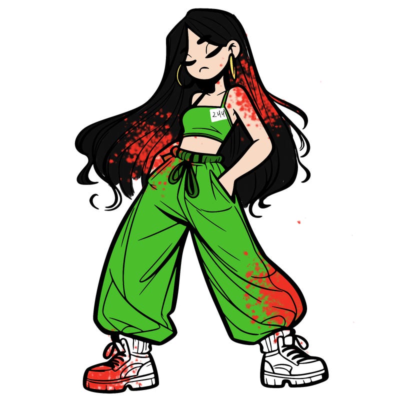 girl in baggy pants crop top and long hair