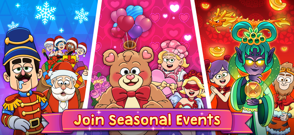 A collage showing Potion Punch 2 characters in Christmas Valentine and Lunar New Year themed costumes with a Join Seasonal Events banner