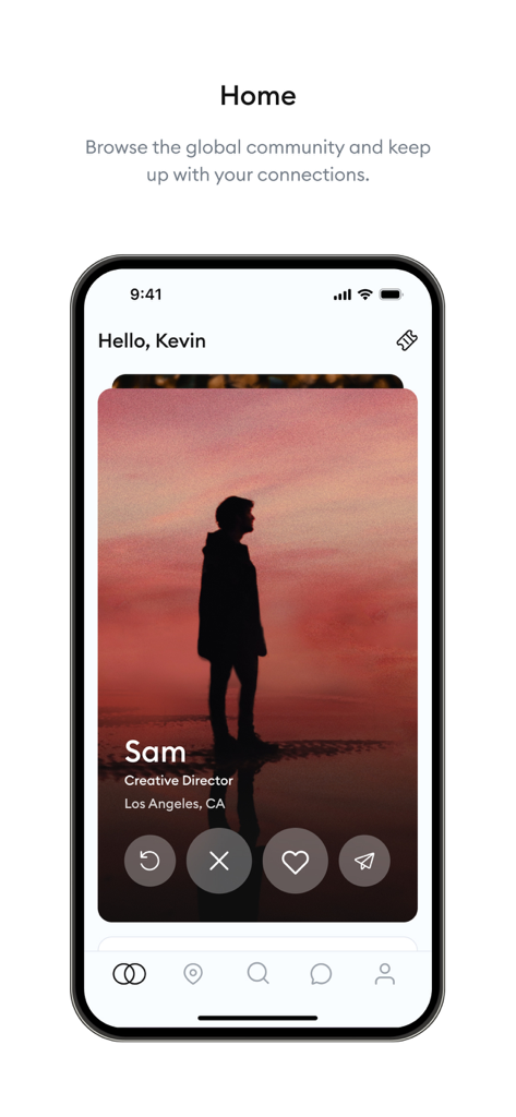 Raya - La pantalla de inicio de la app Raya mostrando una tarjeta de perfil curada para un miembro de la comunidad.