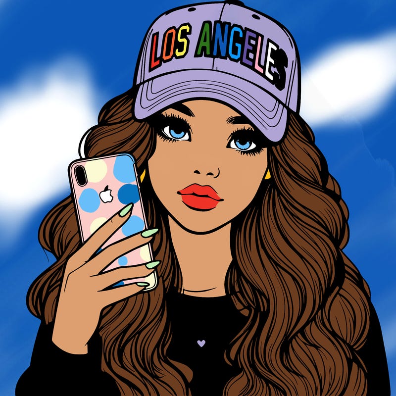realistic beautiful girl wearing los ángeles cap holding an iphone