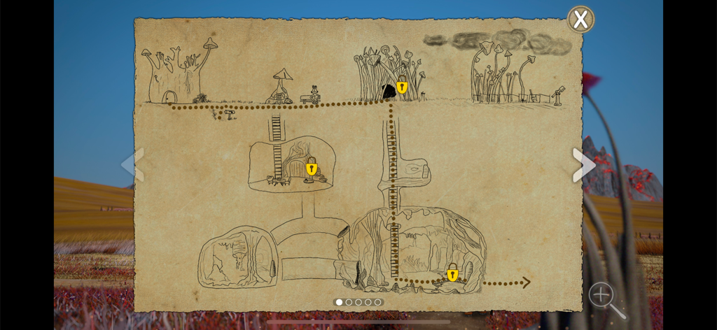 Avolteha View - A hand-drawn parchment map showing underground levels and paths in the Avolteha View game.