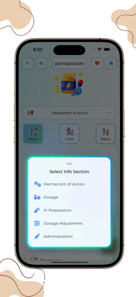 MediHelp: Drug Guide & Dosing - MediHelp mobile app showing clinical information sections for the drug pantoprazole