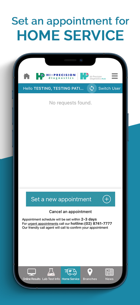 Hi-Precision - Mobile app interface to set a home service medical appointment for laboratory testing