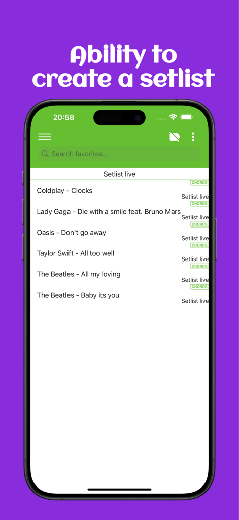 Guitar chords and tabs - Pantalla de aplicación móvil que muestra la capacidad de crear y administrar una lista de canciones para música en vivo con canciones populares.
