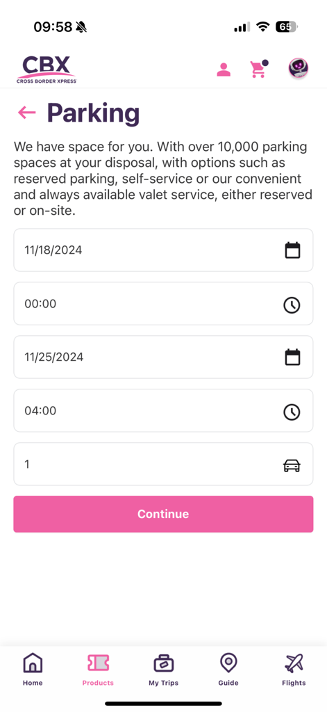 Cross Border Xpress - Pantalla de reserva de estacionamiento en la aplicación CBX con campos de selección de fecha y hora