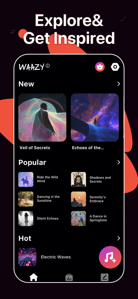 Waazy AI music generator explore interface displaying new and popular AI generated song tracks with artistic thumbnails.