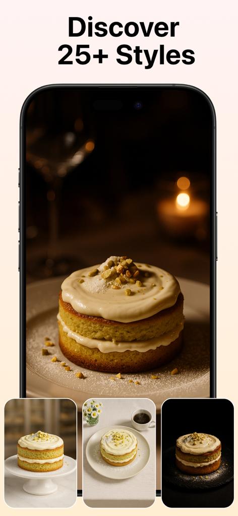 FoodShot AI app interface showing various professional photography styles for a cake