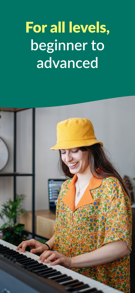 Skoove: Learn to Play Piano - A woman smiling while playing a piano keyboard using the Skoove learning app.