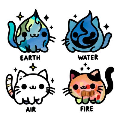 4 cats that represent the different elements, earth, water, air, and fire