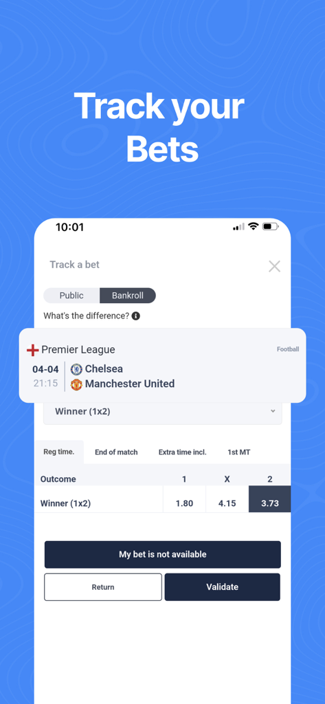 TIPSTOP: Sports Betting Tips - Mobile interface of the TIPSTOP app showing the bet tracking feature for a soccer match between Chelsea and Manchester United.