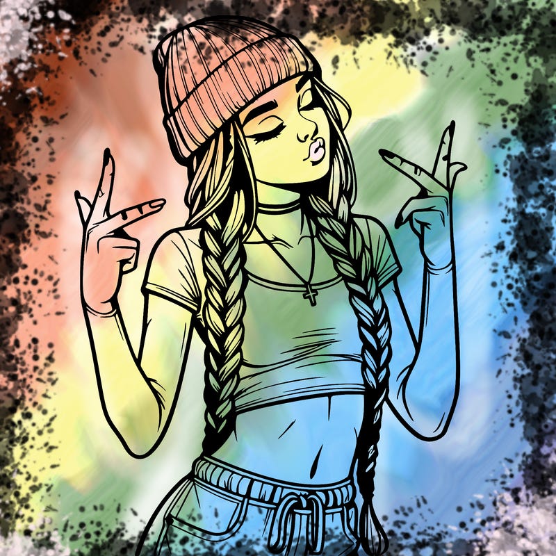 realistic teenage girl with braids and a beanie and crop top doing 🫶🏼