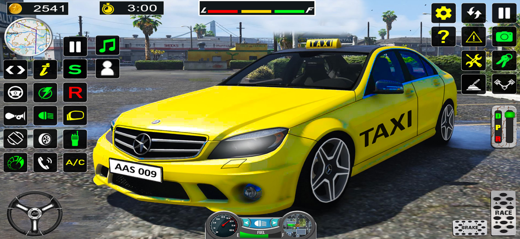 Mountain Offroad Taxi Car Game - A yellow taxi car in a driving simulation game with on screen controls