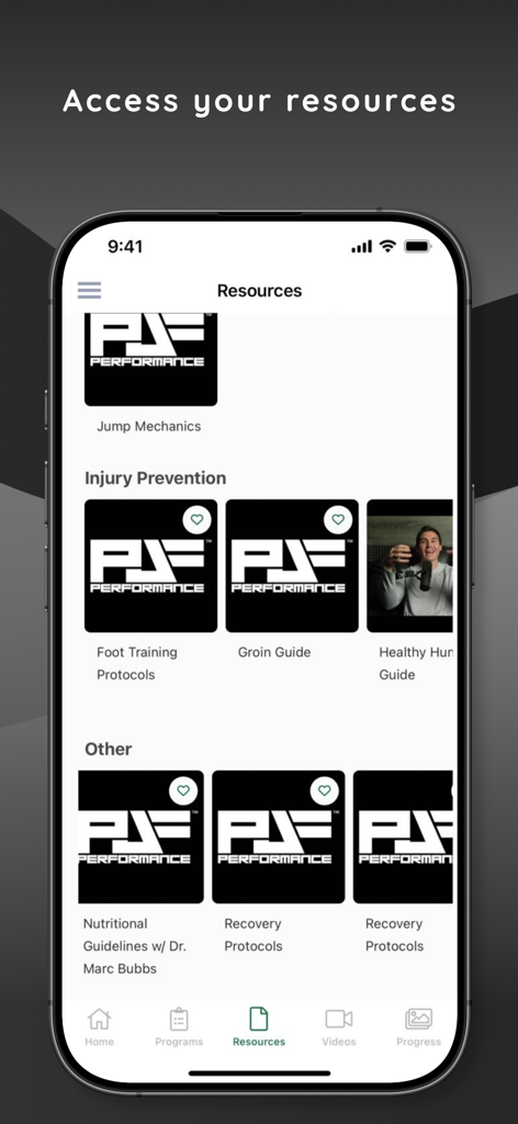 PJF Performance - The resources menu in the PJF Performance app showing basketball training and injury prevention guides.