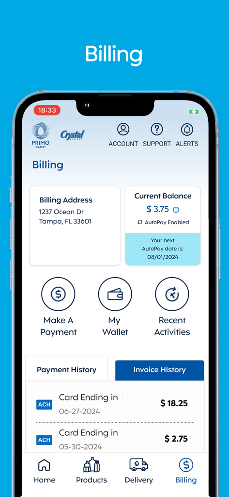 My Water+ - The billing screen of the My Water plus app displaying account balance and payment history