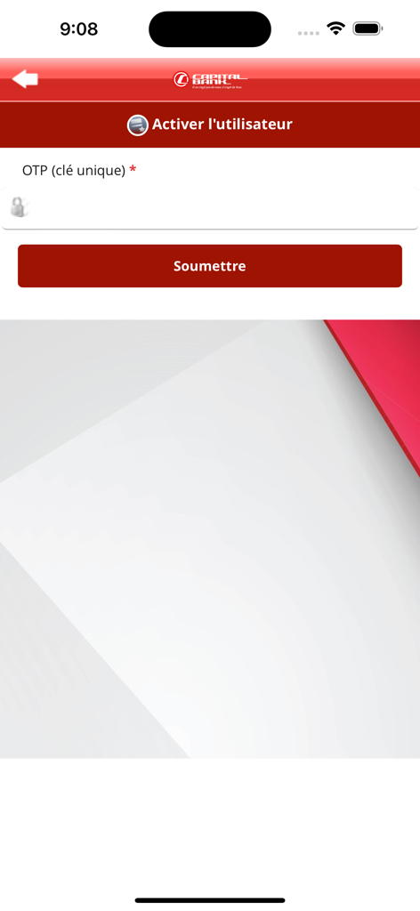 Capital Bank Mobile Banking - Pantalla de activación de usuario de Capital Bank Mobile Banking con entrada OTP