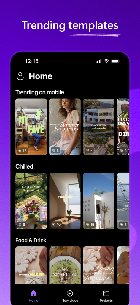 Microsoft Clipchamp home screen showing trending video templates for social media content creation