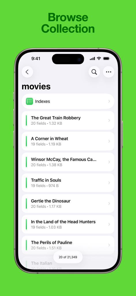 MongoPie - MongoPie app interface displaying a list of movie documents from a MongoDB database collection