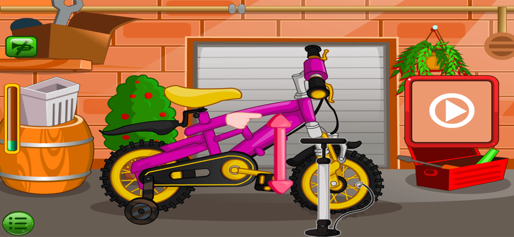 Clean Up, Bike Car Wash Games - Reparación de un neumático de bicicleta rosa con una bomba de aire en un garaje