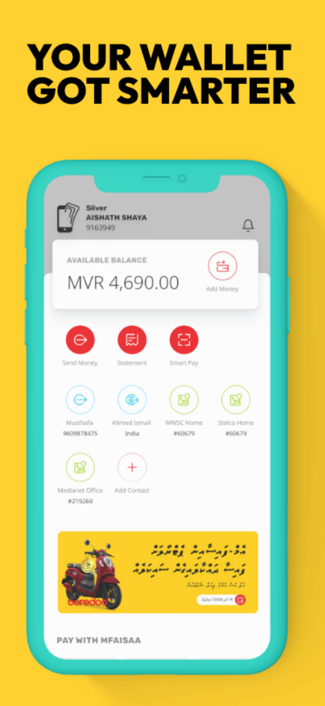 Ooredoo Maldives m-Faisaa digital wallet interface showing available balance and transaction options