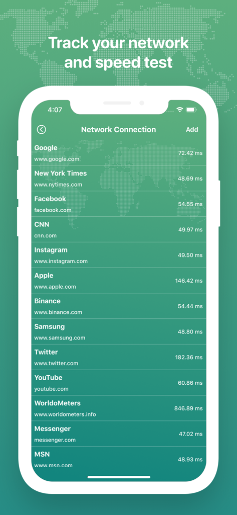 VPN: super unlimited proxy vpn - Ein iPhone-Bildschirm, der die Netzwerklatenz für verschiedene beliebte Websites wie Google und Facebook innerhalb der VPN-App anzeigt