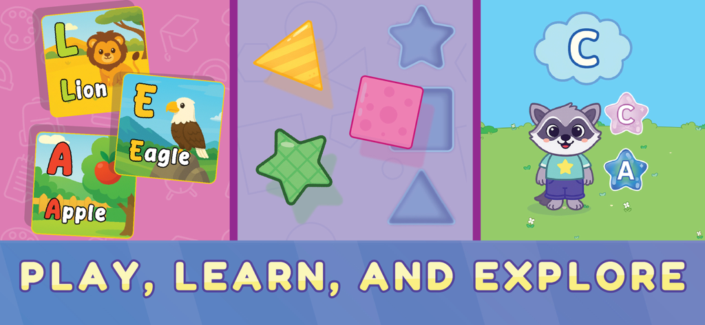 Educational mini games for toddlers featuring alphabet cards shape matching and letter puzzles