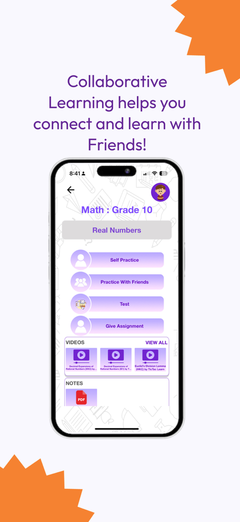 Interfaz de la aplicación móvil Scholar Planet para matemáticas de décimo grado que muestra opciones de aprendizaje colaborativo