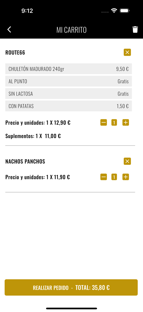 Bendita Burger - Pantalla del carrito de compras de la app Bendita Burger mostrando un resumen del pedido de hamburguesa gourmet y nachos