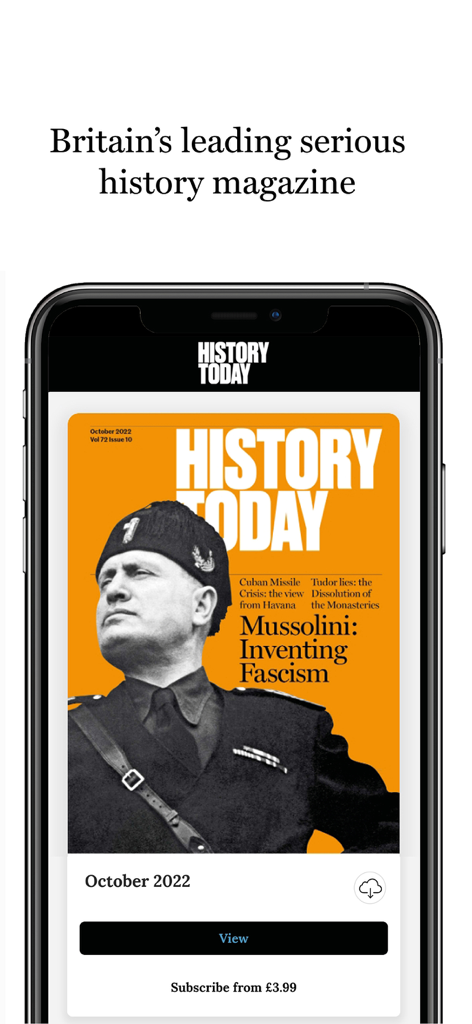 History Today Magazine - Pantalla de la aplicación de la revista History Today que muestra el número de octubre de 2022 sobre Mussolini