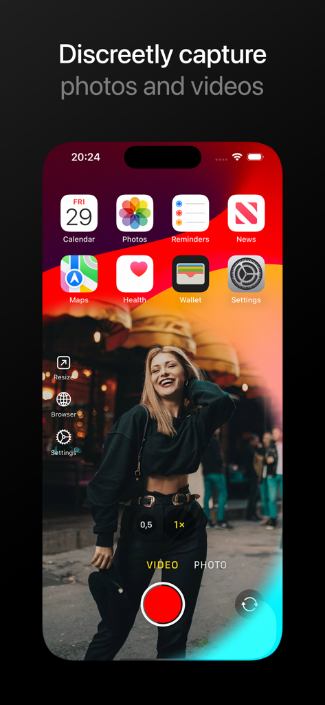 SCamera Pro - Interfaz de la aplicación móvil SCamera Pro con una ventana de captura de vídeo discreta superpuesta en la pantalla de inicio estándar de un smartphone