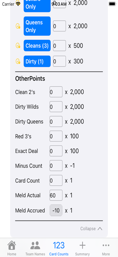 Hearts Samba Scoring - La pantalla de puntuación de recuentos de cartas de la aplicación Hearts Samba Scoring que muestra los valores de puntos para diferentes categorías de juego.