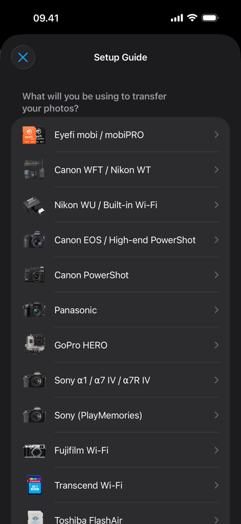 ShutterSnitch setup guide screen showing a list of supported camera brands and wireless transfer options like Canon Nikon and Sony