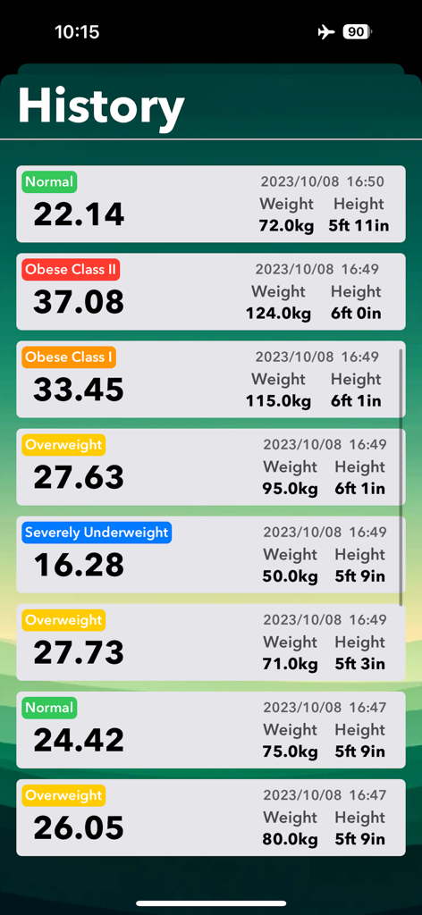 Smart BMI & Health Calculator - A list of Body Mass Index measurements with health status labels in the history log