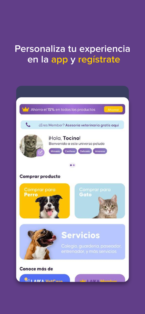 Laika- La tienda de tu mascota - Écran de profil personnalisé de l'animal dans l'application Laika montrant les catégories d'achats pour chiens et chats.