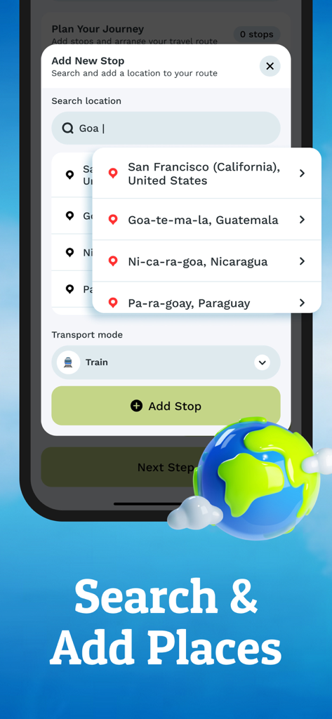 Travel Animator - Travel Video - Mobile app interface showing a search bar for travel locations and a transport mode selector for creating animated travel videos.