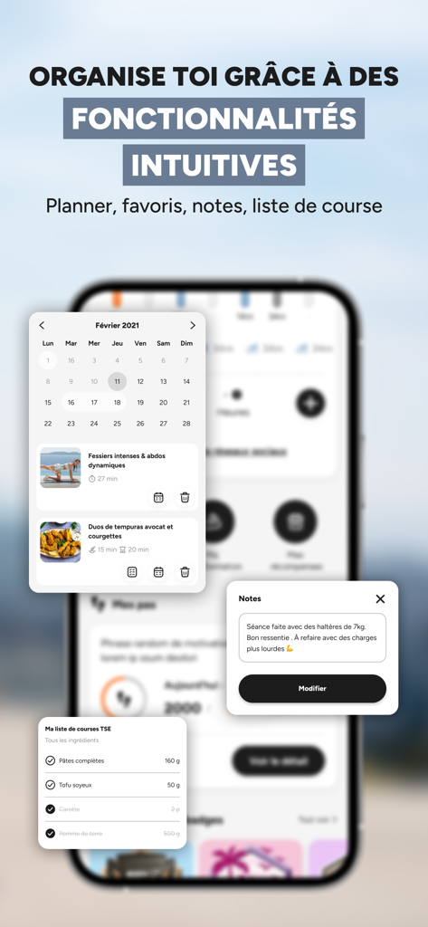 Sport & Nutrition - TSE - Interfaz de la app Trainsweateat que muestra funciones organizativas como un planificador de fitness, lista de compras y notas de entrenamiento.