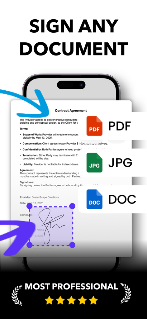 ZipSign: Signature Maker - ZipSign mobile app screen showing options to sign PDF JPG and DOC documents