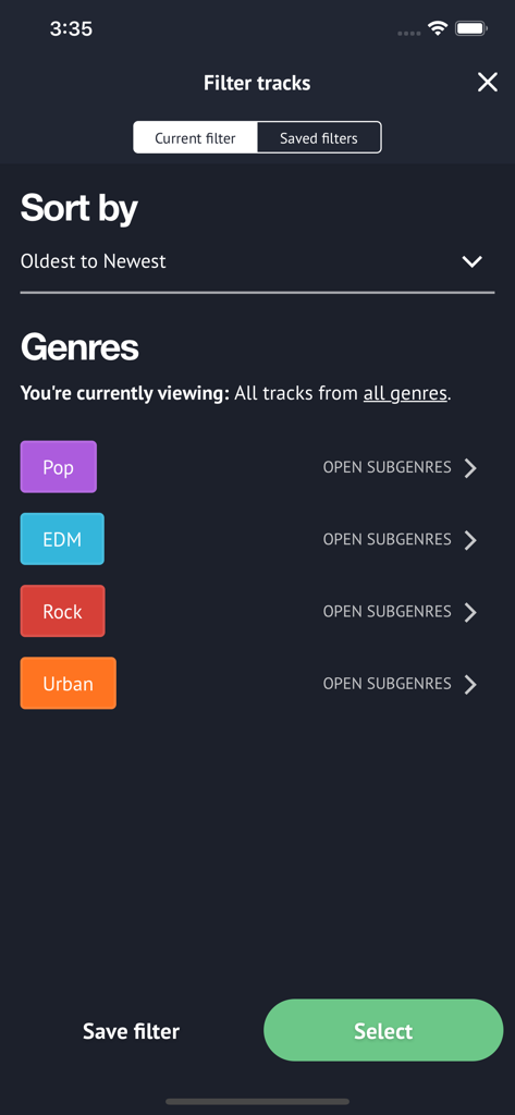 LabelRadar app filter interface for sorting and selecting music genres