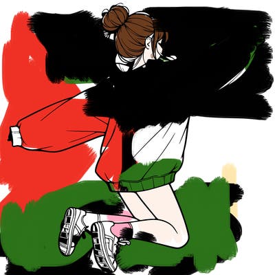 realistic girl jumping with a bun and oversized sweatshirt