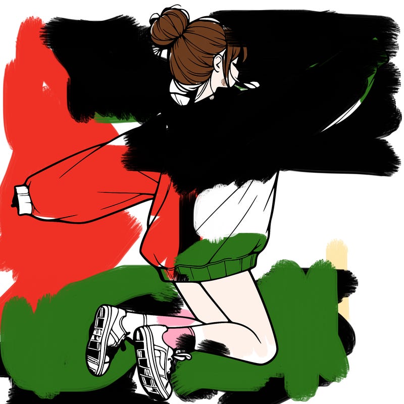 realistic girl jumping with a bun and oversized sweatshirt