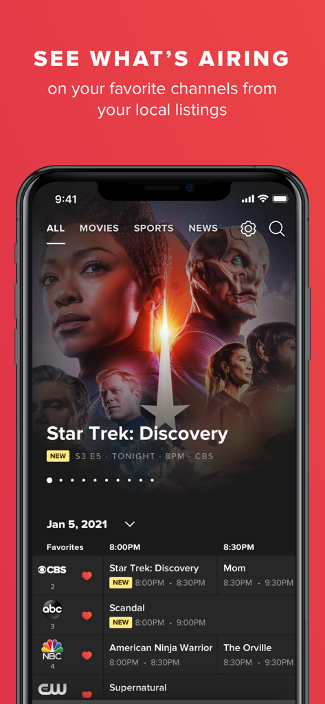 TV Guide: Streaming & Live TV - さまざまなネットワークのローカルTV番組表が表示されたTVガイドアプリのインターフェースを示すスマートフォン