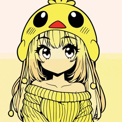 anime girl with chick shaped hat with sweater with bare shoulders with bangs covering them one eye with low tail