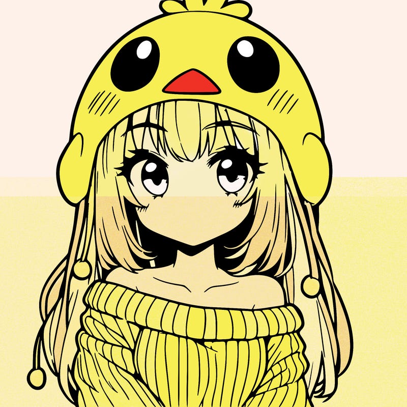 anime girl with chick shaped hat with sweater with bare shoulders with bangs covering them one eye with low tail