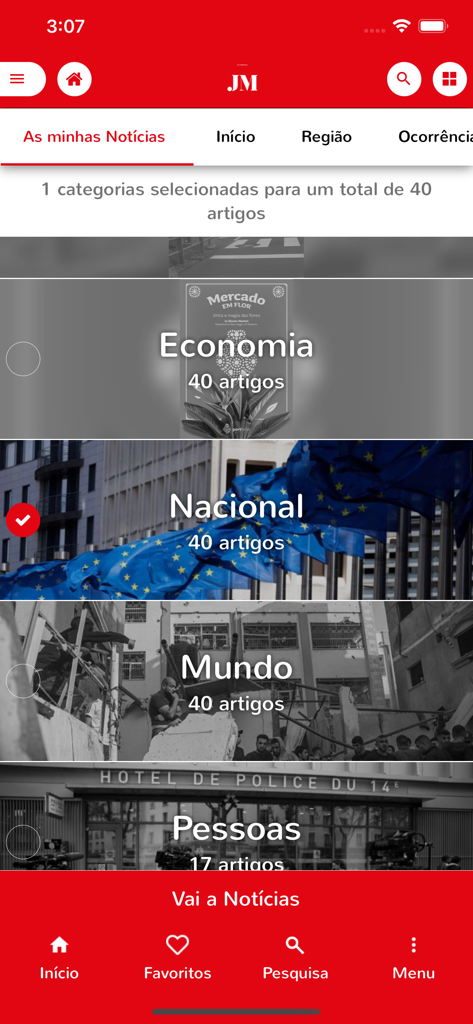 JM Madeira - JM Madeira app screen showing news category selection with sections for economy national world and people