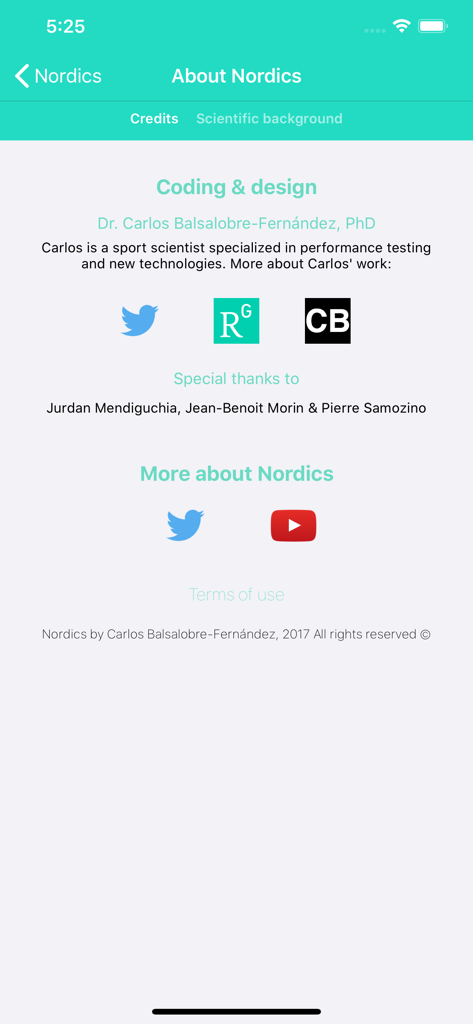 About page of the Nordics app displaying developer information and scientific contributors