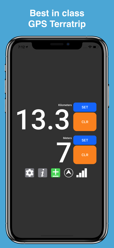 TrackPal Lite app interface featuring a high-contrast dual odometer for off-road rally navigation with large buttons and clear digital distance readouts