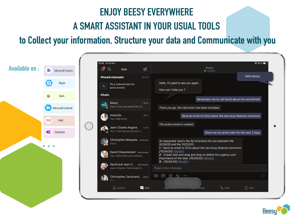 Beesy - Beesy AI assistant on iPad showing task management chat and corporate tool integrations