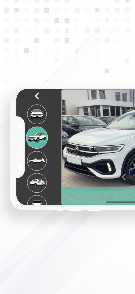 Smartphone-Bildschirm, der die autofox.ai App-Oberfläche für geführte professionelle Autofotografie für Autohäuser zeigt